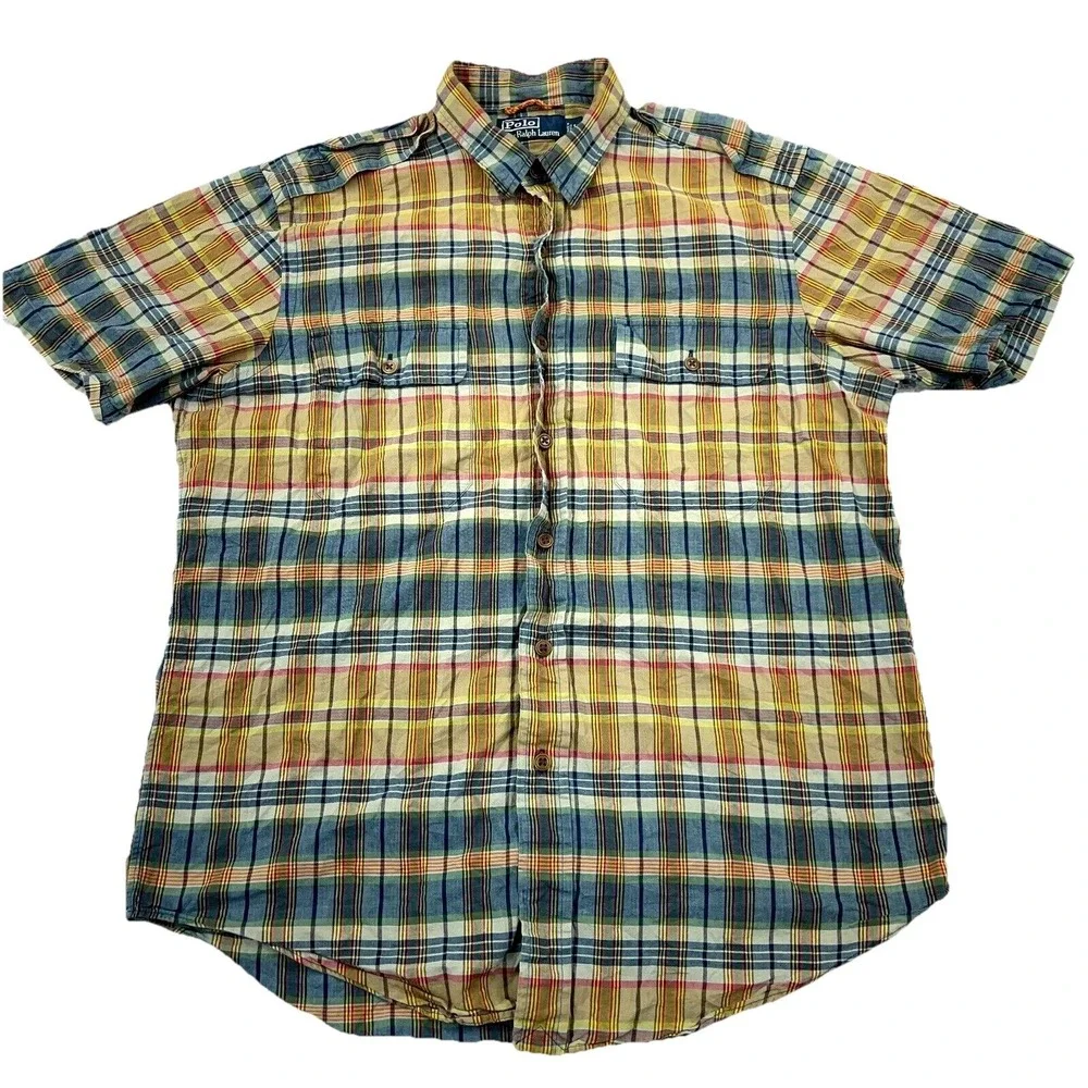 Polo Ralph Lauren‎ Shirt Men Large Green Blue Madras Plaid Button Up Epaulettes